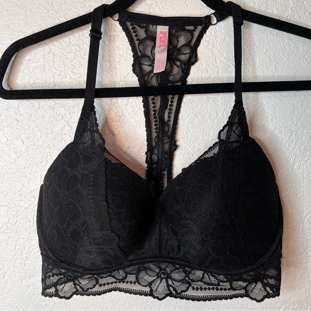 Pink Victorias Secret Push up Black Lace Racerback Bralette Medium DD